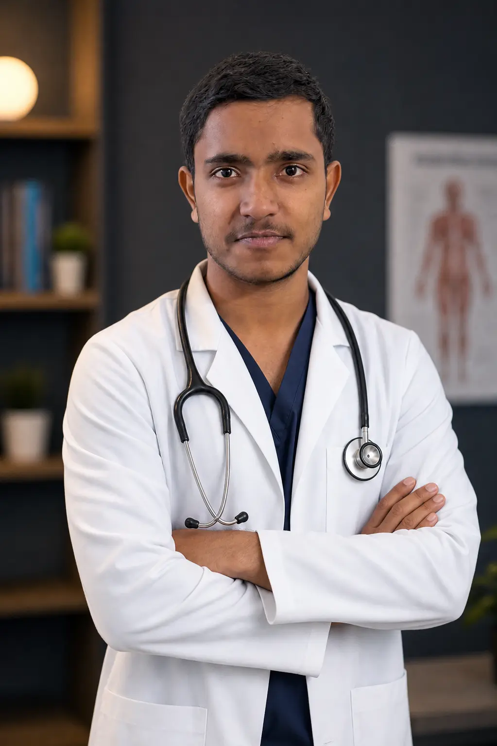 Vishal Barala in a white coat with a stethoscope, MBBS student at AIIMS Jammu